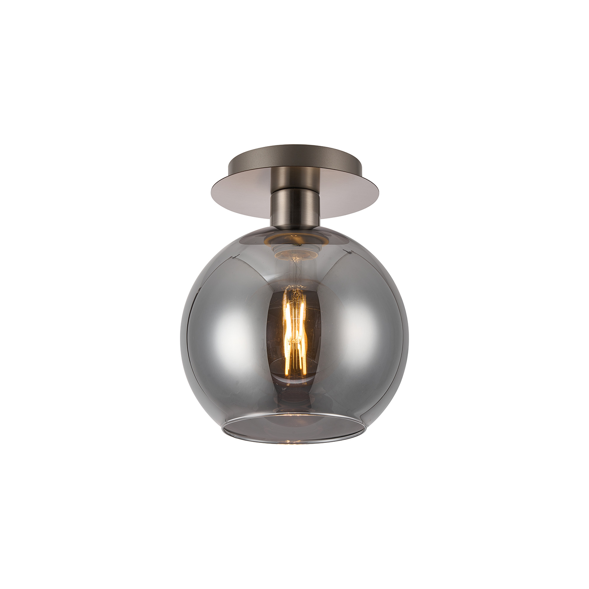 DK1419  Lori 15cm Round Ceiling Flush, 1 Light Flush Fitting E27, Satin Nickel/Smoke Open Mouth Round Globe Shades